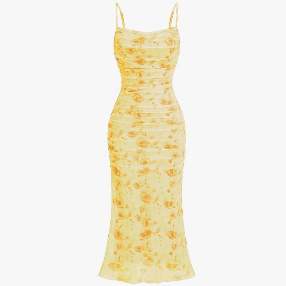 Floral Ruched Mesh Fishtail Bodycon Midi Dress